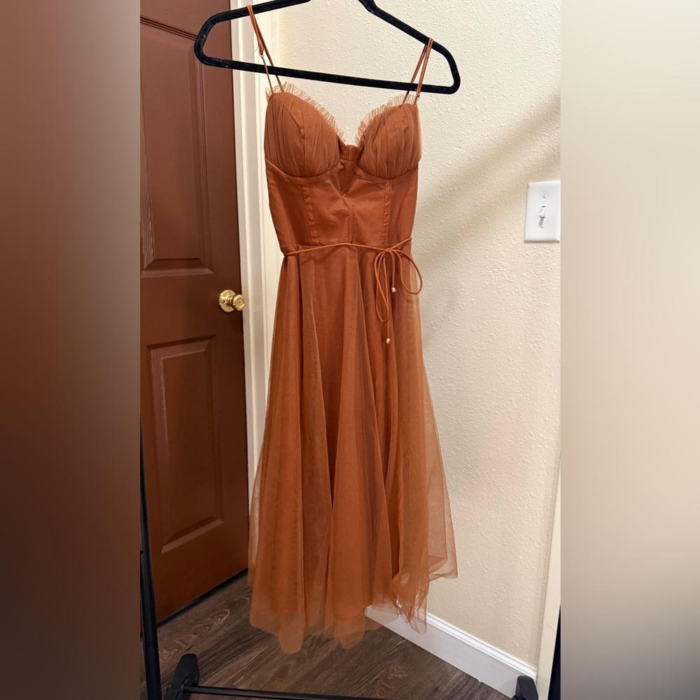 Rust Brown Tulle Midi Dress